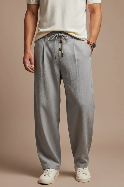 Pantalon Fluide Gris Ample Léger Lin Décontracté Homme