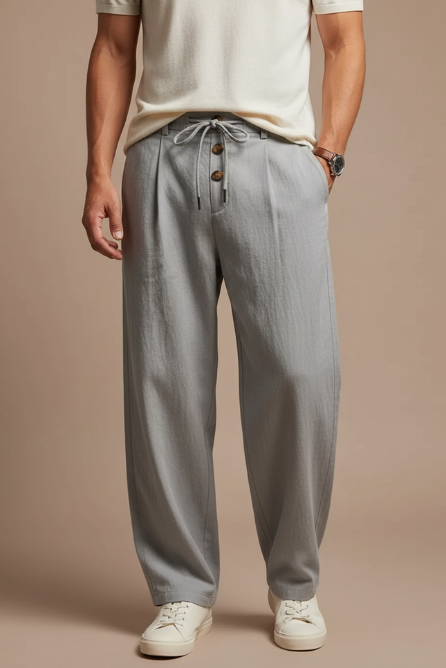 Pantalon Fluide Gris Ample Léger Lin Décontracté Homme