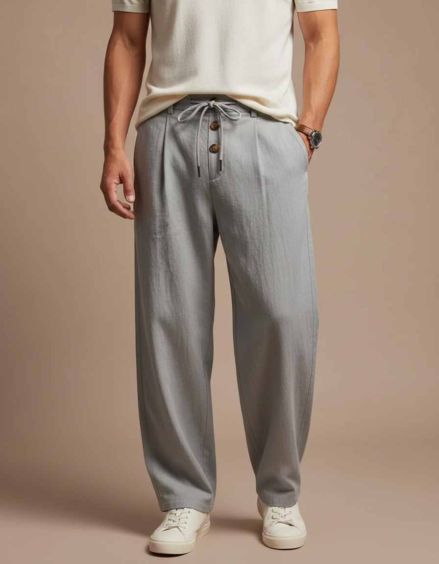 Pantalon Fluide Gris Ample Léger Lin Décontracté Homme