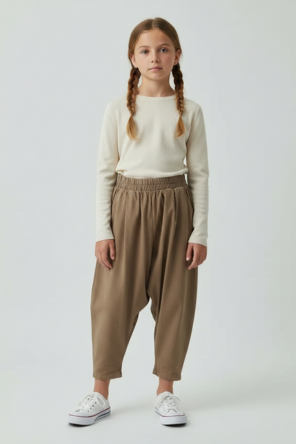 Pantalon Fluide Fille Kaki Coupe Ample - Coton