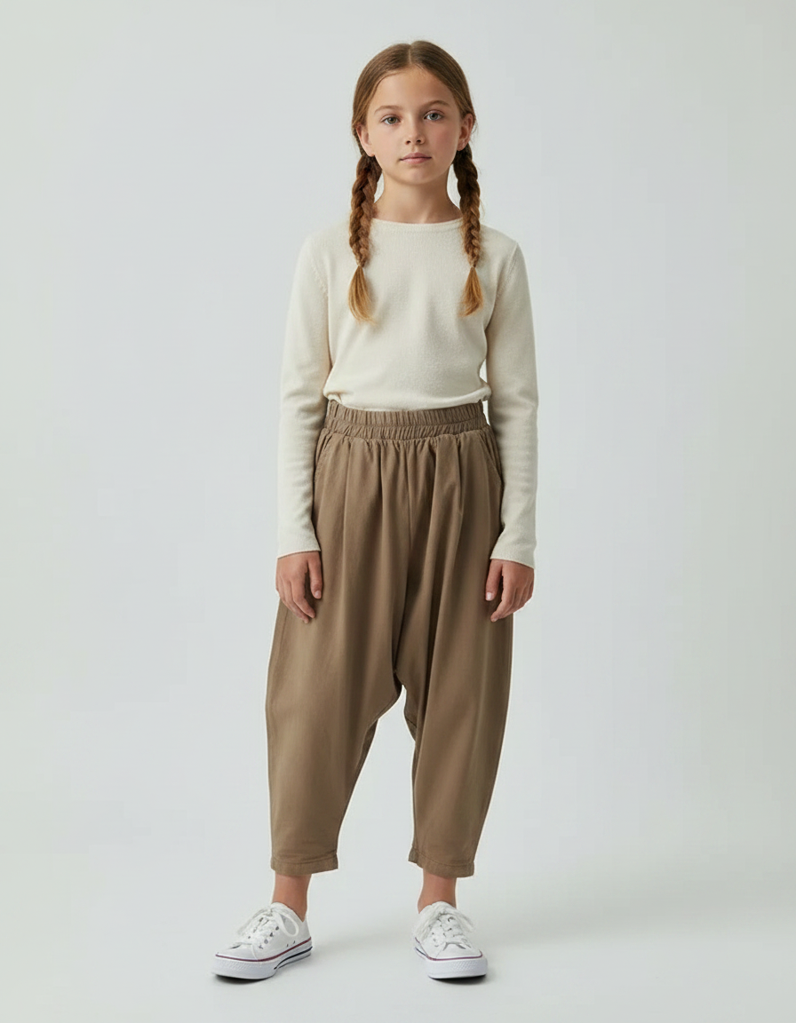 Pantalon Fluide Fille Kaki Coupe Ample - Coton