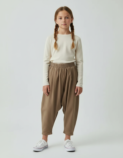 Pantalon Fluide Fille Kaki Coupe Ample - Coton