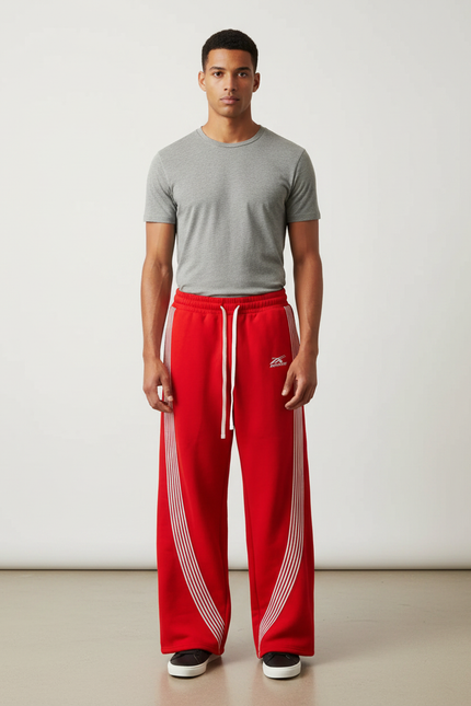 Pantalon Fluide Rouge Ample Rayures Blanches Sport Décontracté - Molleton