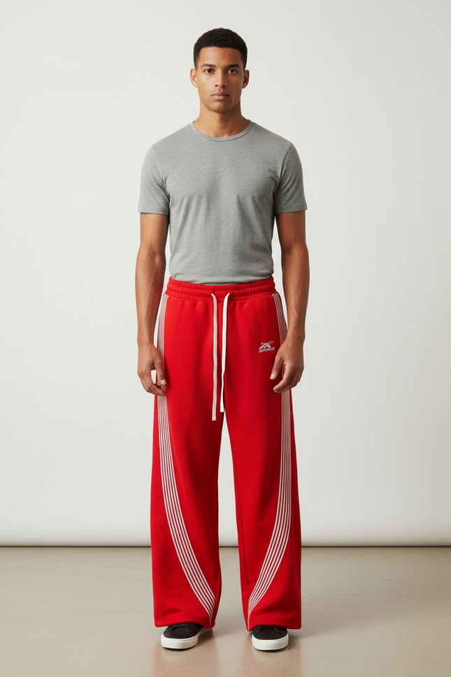 Pantalon Fluide Rouge Ample Rayures Blanches Sport Décontracté - Molleton