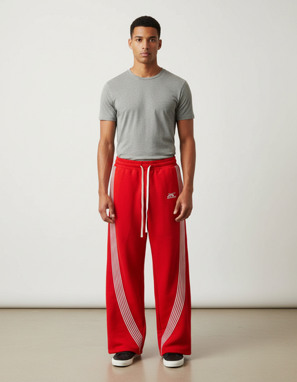 Pantalon Fluide Rouge Ample Rayures Blanches Sport Décontracté - Molleton