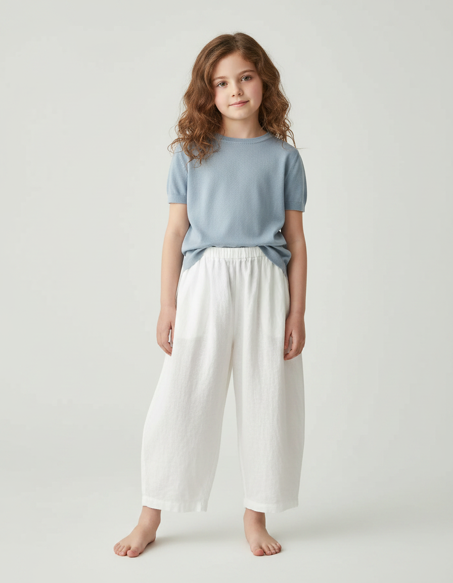 Pantalon Fluide Blanc Ample Lin Cropped Enfant