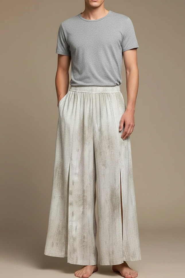 Pantalon Fluide Écru Ample Fendu Décontracté Homme - Beige Lin
