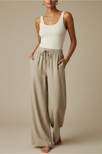 Pantalon Fluide Beige Large Lin Cordon Ample