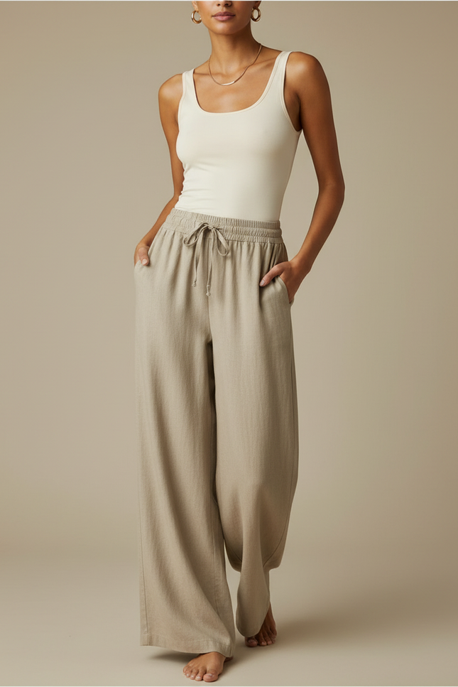 Pantalon Fluide Beige Large Lin Cordon Ample