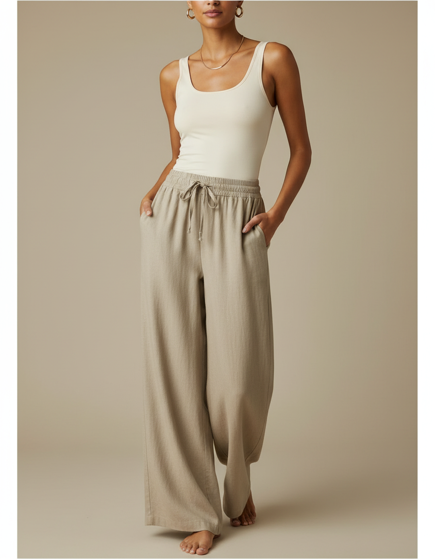 Pantalon Fluide Beige Large Lin Cordon Ample