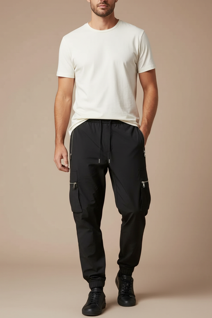 Pantalon Fluide Noir Cargo Sport Jogger Homme - Polyester