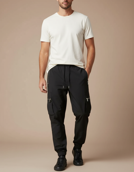 Pantalon Fluide Noir Cargo Sport Jogger Homme - Polyester