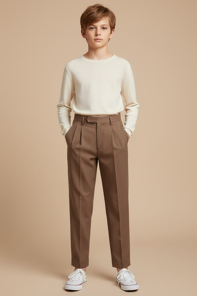 Pantalon Fluide Marron Plissé Ample Décontracté Garçon - Gabardine