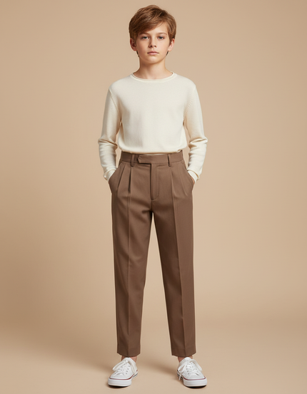 Pantalon Fluide Marron Plissé Ample Décontracté Garçon - Gabardine