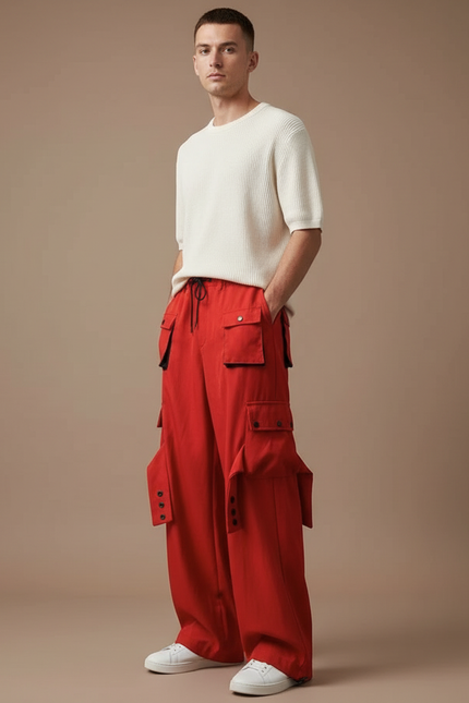 Pantalon Fluide Rouge Cargo Ample Décontracté Homme - Toile