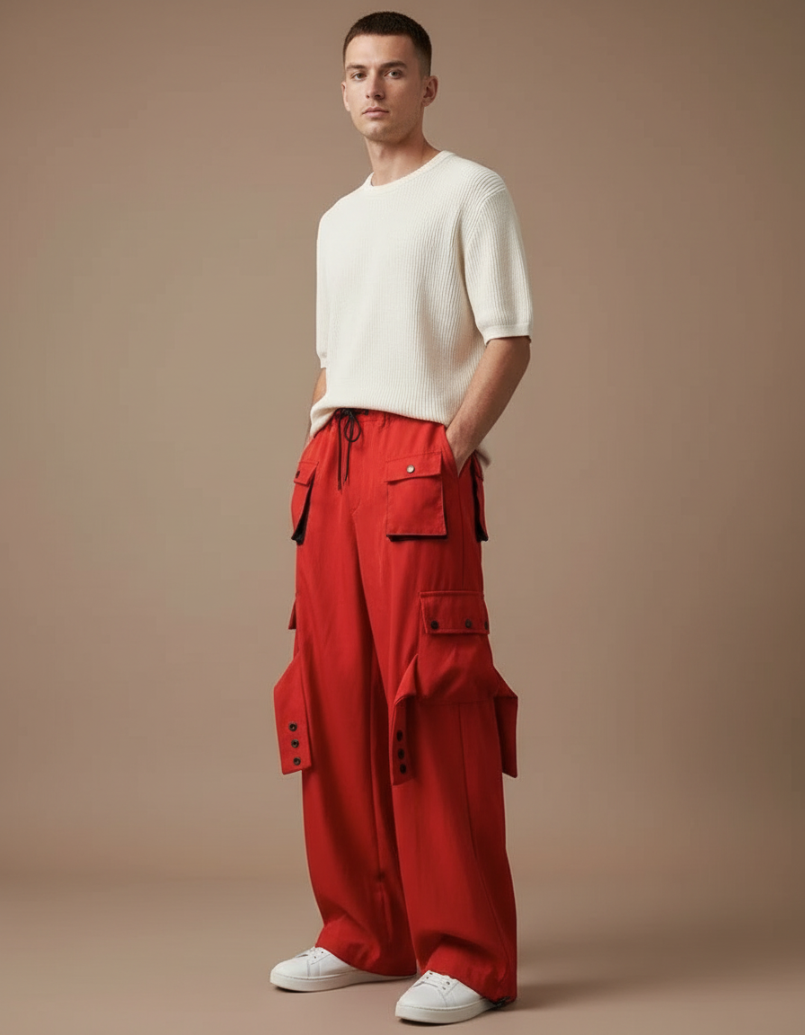 Pantalon Fluide Rouge Cargo Ample Décontracté Homme - Toile
