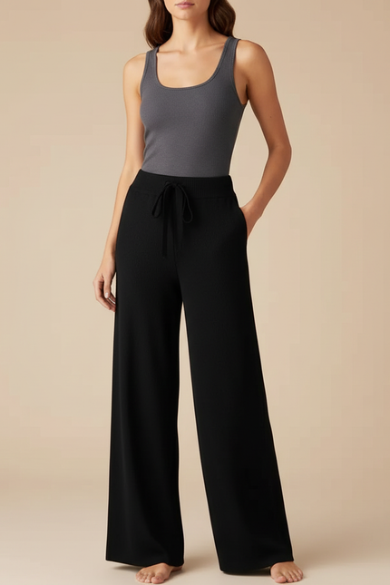 Pantalon Fluide Noir Ample Maille Cordon Décontracté