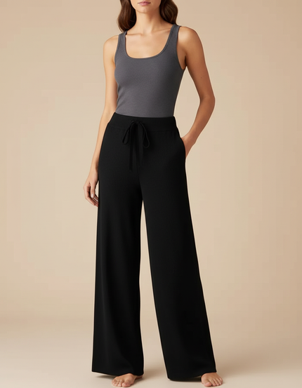 Pantalon Fluide Noir Ample Maille Cordon Décontracté