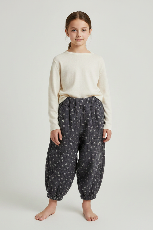 Pantalon Fluide Gris Imprimé Floral Bouffant Fille - Cordé