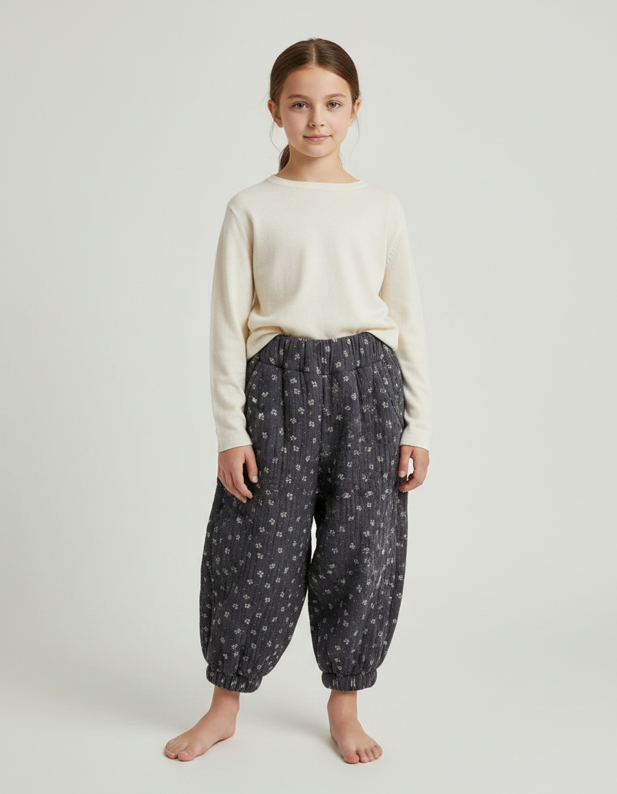 Pantalon Fluide Gris Imprimé Floral Bouffant Fille - Cordé