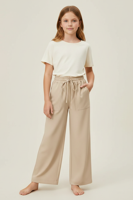 Pantalon Fluide Ample Beige Décontracté Cordon Poches - Polyester