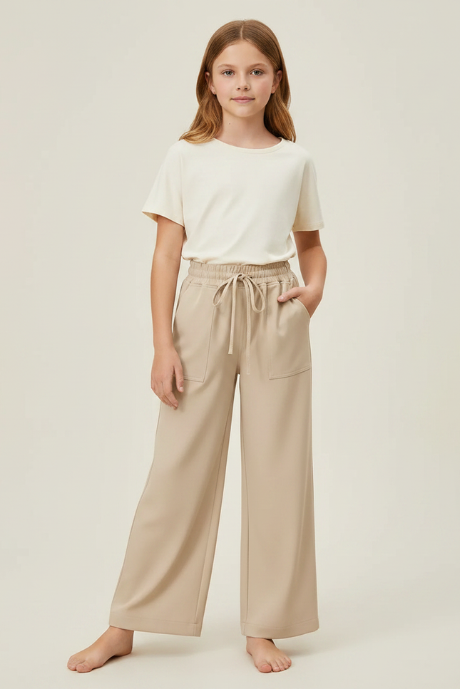 Pantalon Fluide Ample Beige Décontracté Cordon Poches - Polyester