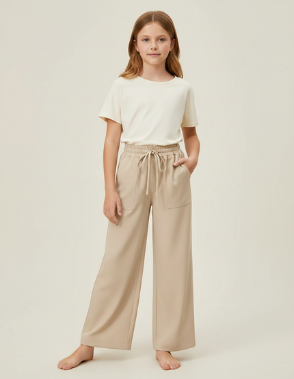 Pantalon Fluide Ample Beige Décontracté Cordon Poches - Polyester