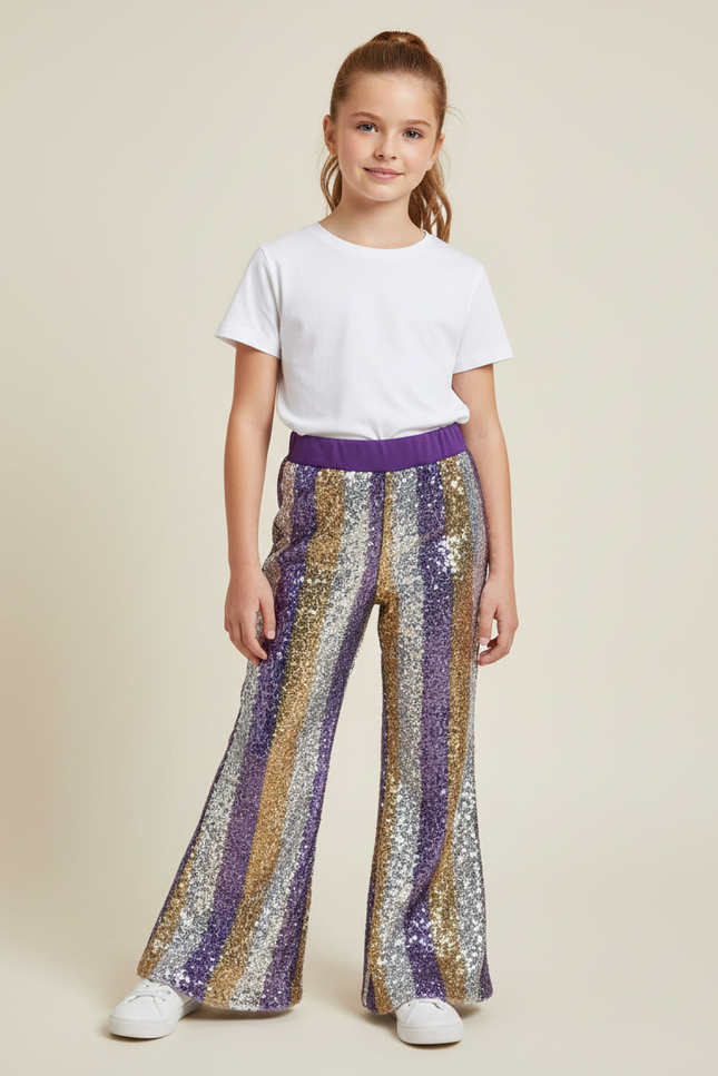 Pantalon Fluide Paillettes Rayé Évasé Confortable Brillant - Multicolore Polyester