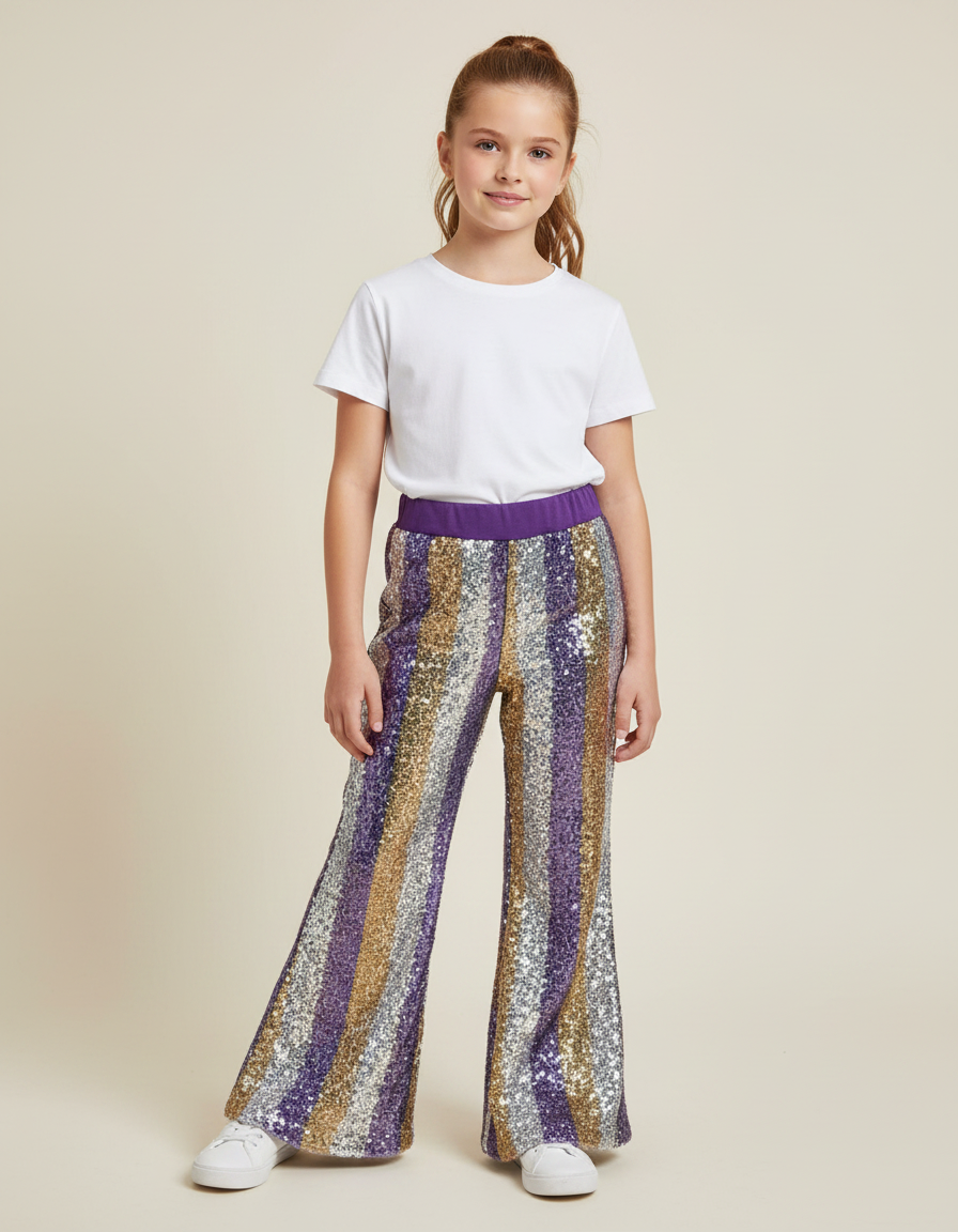 Pantalon Fluide Paillettes Rayé Évasé Confortable Brillant - Multicolore Polyester