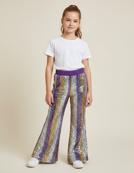 Pantalon Fluide Paillettes Rayé Évasé Confortable Brillant - Multicolore Polyester