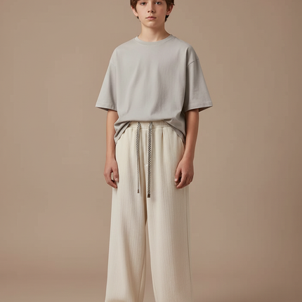 Pantalon Fluide Crème Ample Texturé Cordon Décontracté - Beige Viscose