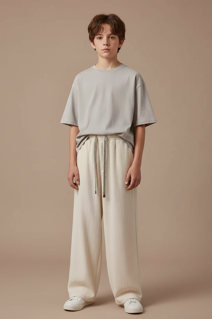 Pantalon Fluide Crème Ample Texturé Cordon Décontracté - Beige Viscose
