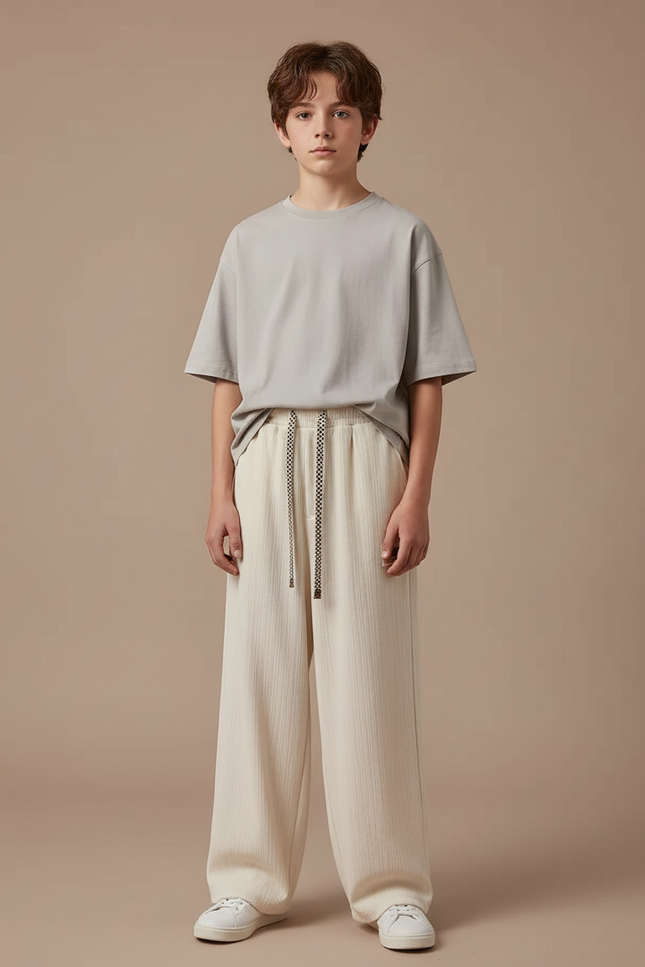 Pantalon Fluide Crème Ample Texturé Cordon Décontracté - Beige Viscose