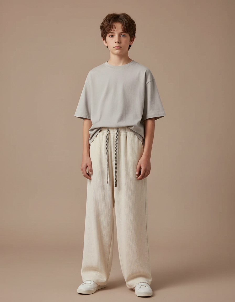Pantalon Fluide Crème Ample Texturé Cordon Décontracté - Beige Viscose