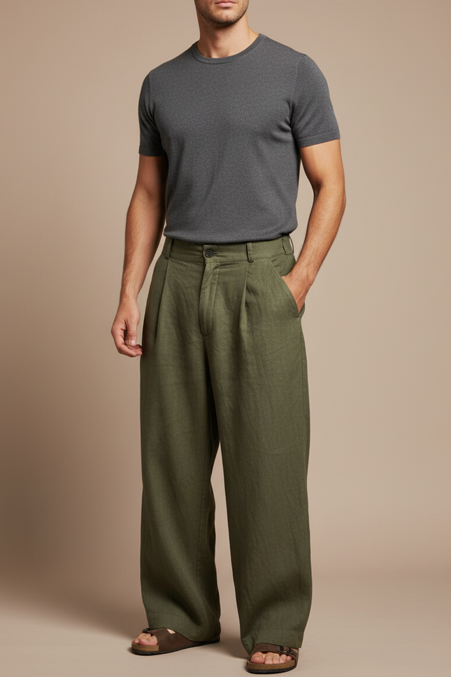 Pantalon Fluide Kaki Ample Plissé Lin Homme