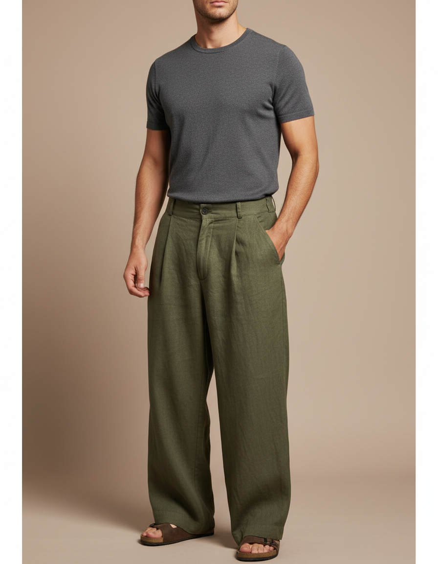 Pantalon Fluide Kaki Ample Plissé Lin Homme