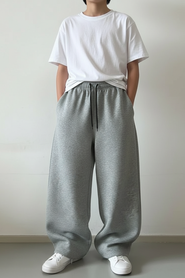 Pantalon Fluide Gris Ample Coton Décontracté Unisexe - Molleton