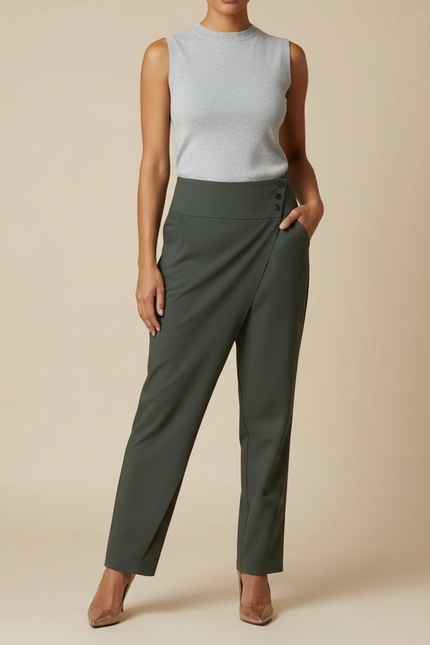 Pantalon Fluide Kaki Élégant Droit Taille Haute Femme - Polyester
