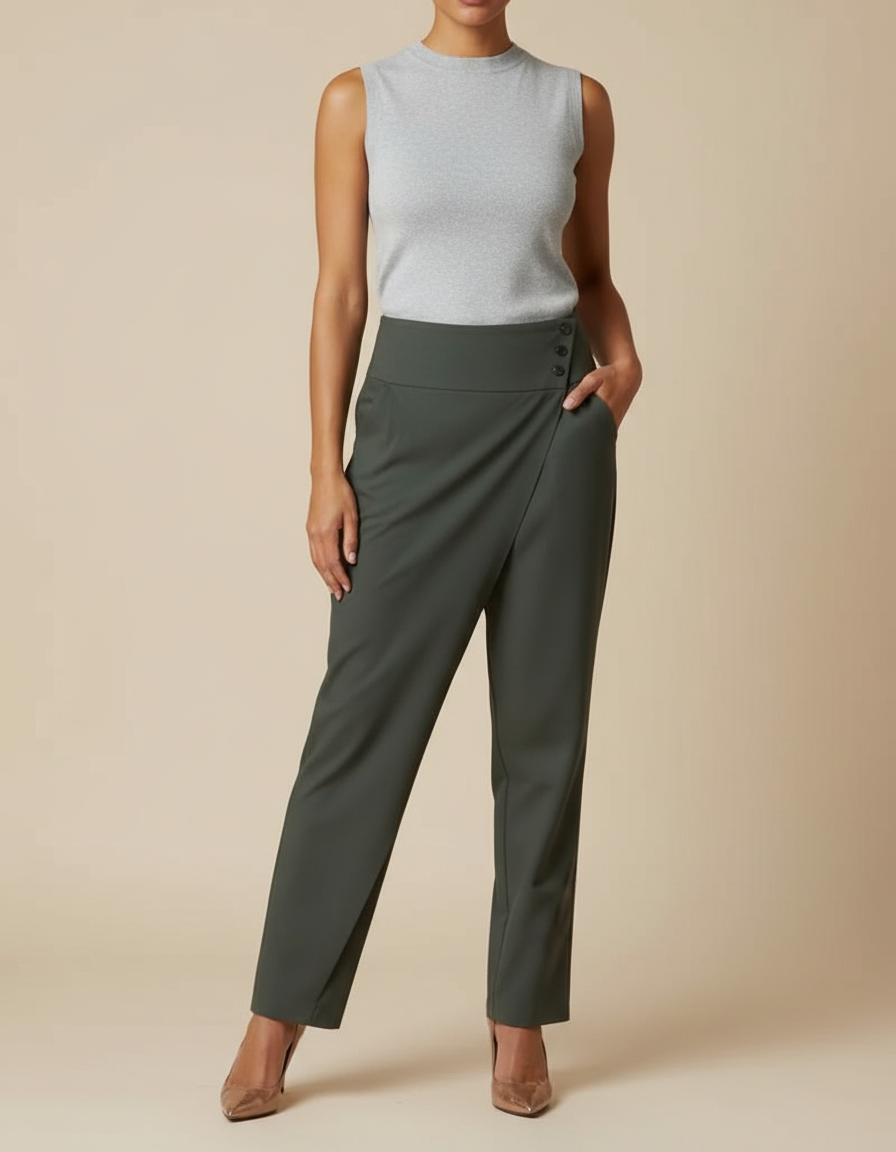 Pantalon Fluide Kaki Élégant Droit Taille Haute Femme - Polyester