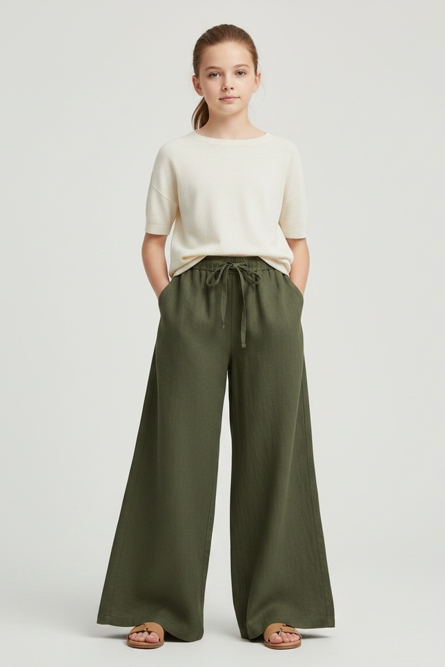 Pantalon Fluide Vert Kaki Ample Lin Cordon