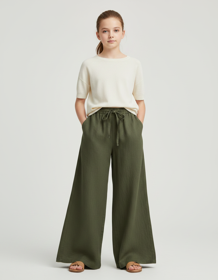Pantalon Fluide Vert Kaki Ample Lin Cordon