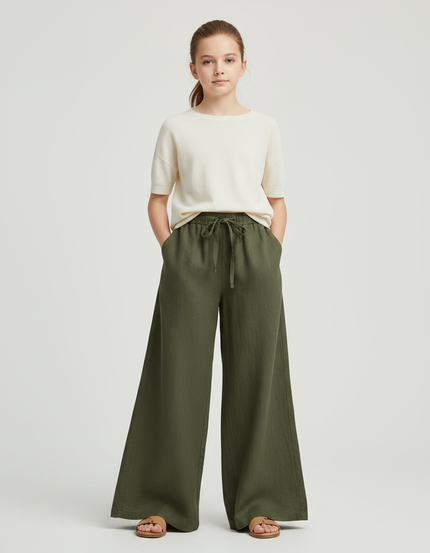 Pantalon Fluide Vert Kaki Ample Lin Cordon