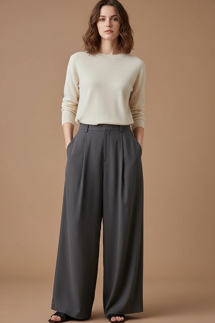 Pantalon Fluide Femme Gris Palazzo Viscose - Polyester