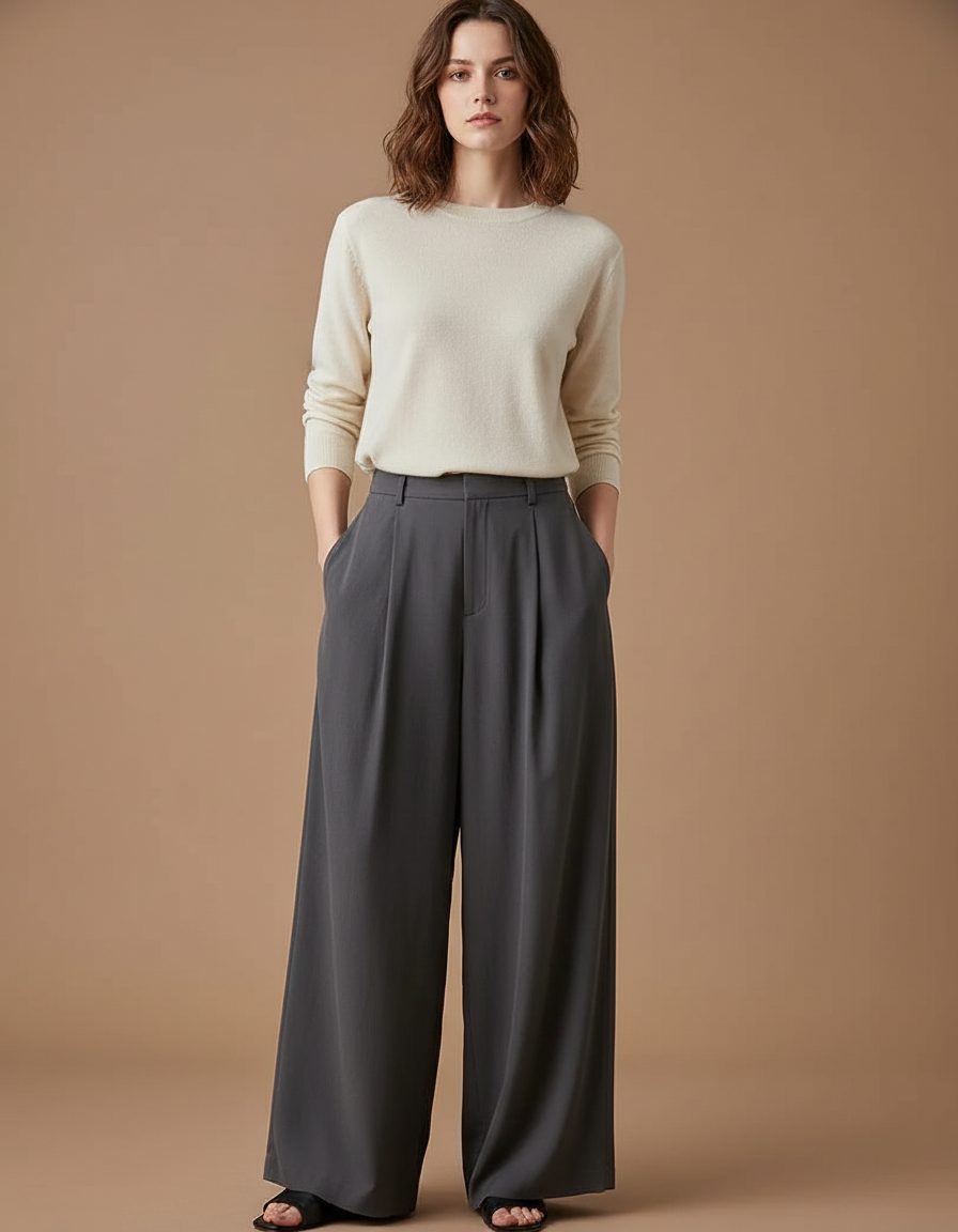 Pantalon Fluide Femme Gris Palazzo Viscose - Polyester