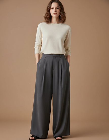 Pantalon Fluide Femme Gris Palazzo Viscose - Polyester
