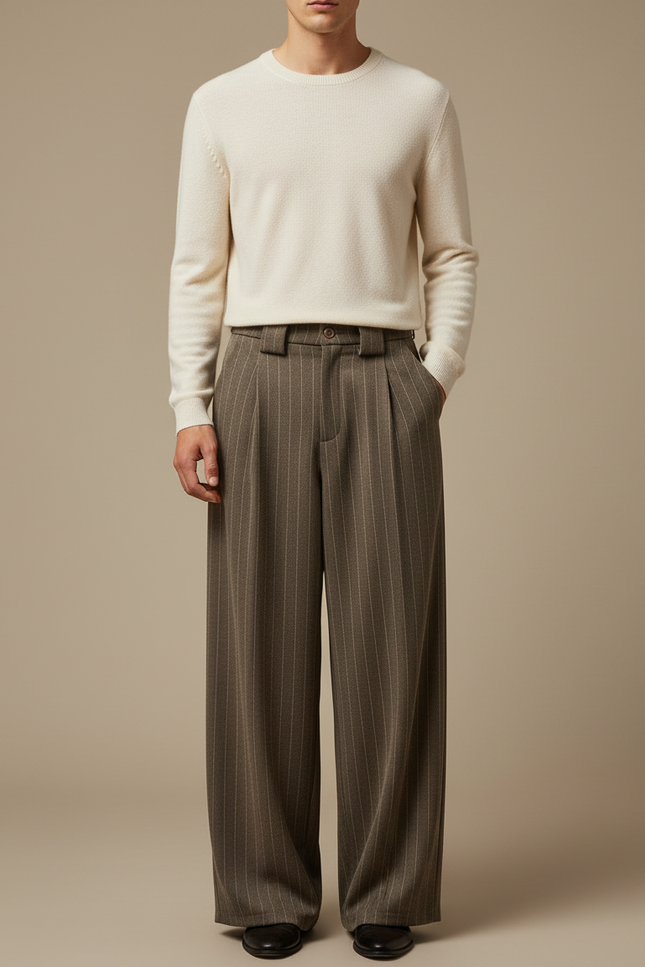 Pantalon Fluide Marron Rayé Ample Plissé Homme - Laine