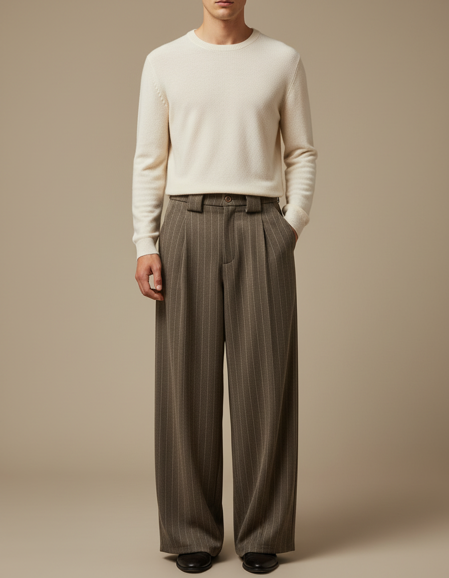 Pantalon Fluide Marron Rayé Ample Plissé Homme - Laine