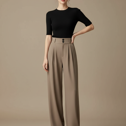 Pantalon Fluide Évasé Taille Haute Plissé Marron Élégant - Kaki Polyester