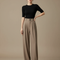 Pantalon Fluide Évasé Taille Haute Plissé Marron Élégant - Kaki Polyester