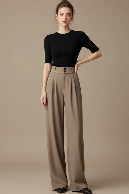 Pantalon Fluide Évasé Taille Haute Plissé Marron Élégant - Kaki Polyester